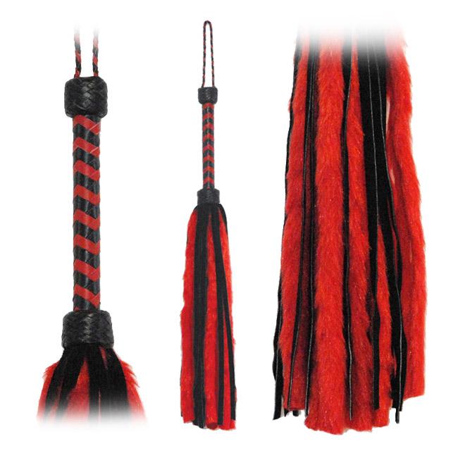 Red Fur and Black Suede Tails BDSM Fetish Flogger, 26 Inches Long
