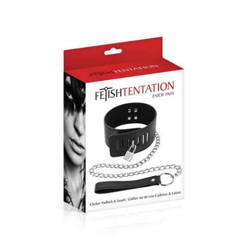 Fetish Tentation Adjustable Padlocked Leather - Style Choker Necklace with Metal Leash