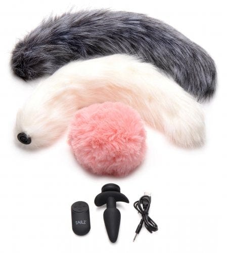 Tailz Snap-On Vibrating Silicone Anal Plug Set with 3 Different Animal Tails and Remote Control for Adult Play