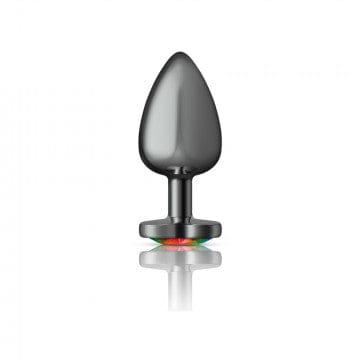 Cheeky Charms Glamorous Gunmetal Gray Rainbow Heart Gem - Decorated Metal Butt Plug for Anal Play