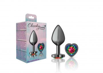 Cheeky Charms Glamorous Gunmetal Gray Rainbow Heart Gem - Decorated Metal Butt Plug for Anal Play