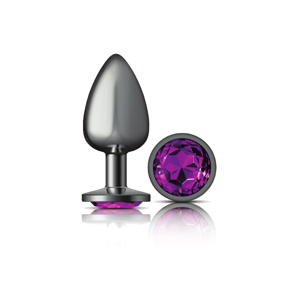 Alluring Gunmetal Grey and Purple Gemstone - Adorned Cheeky Charms Metal Butt Plug for Anal Pleasure