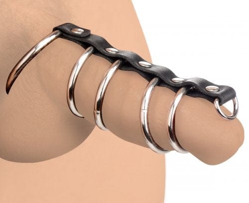 Hell Gates Style Strict Leather Male Chastity Device with Reinforced Metal Spine Cock Ring