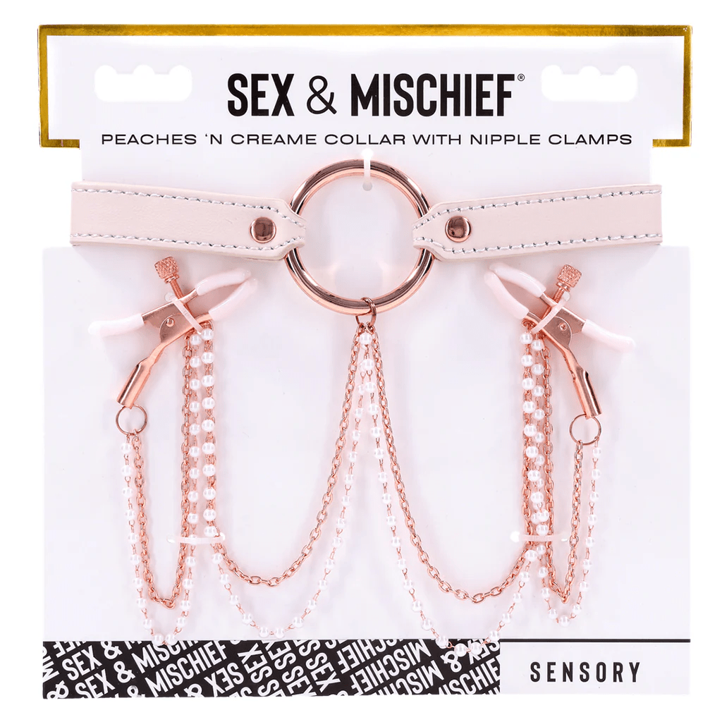 Sportsheets Sex & Mischief Peaches ‘n Cream-themed Luxury Bondage Collar Set with Nipple Clamps for Adult Intimate Play