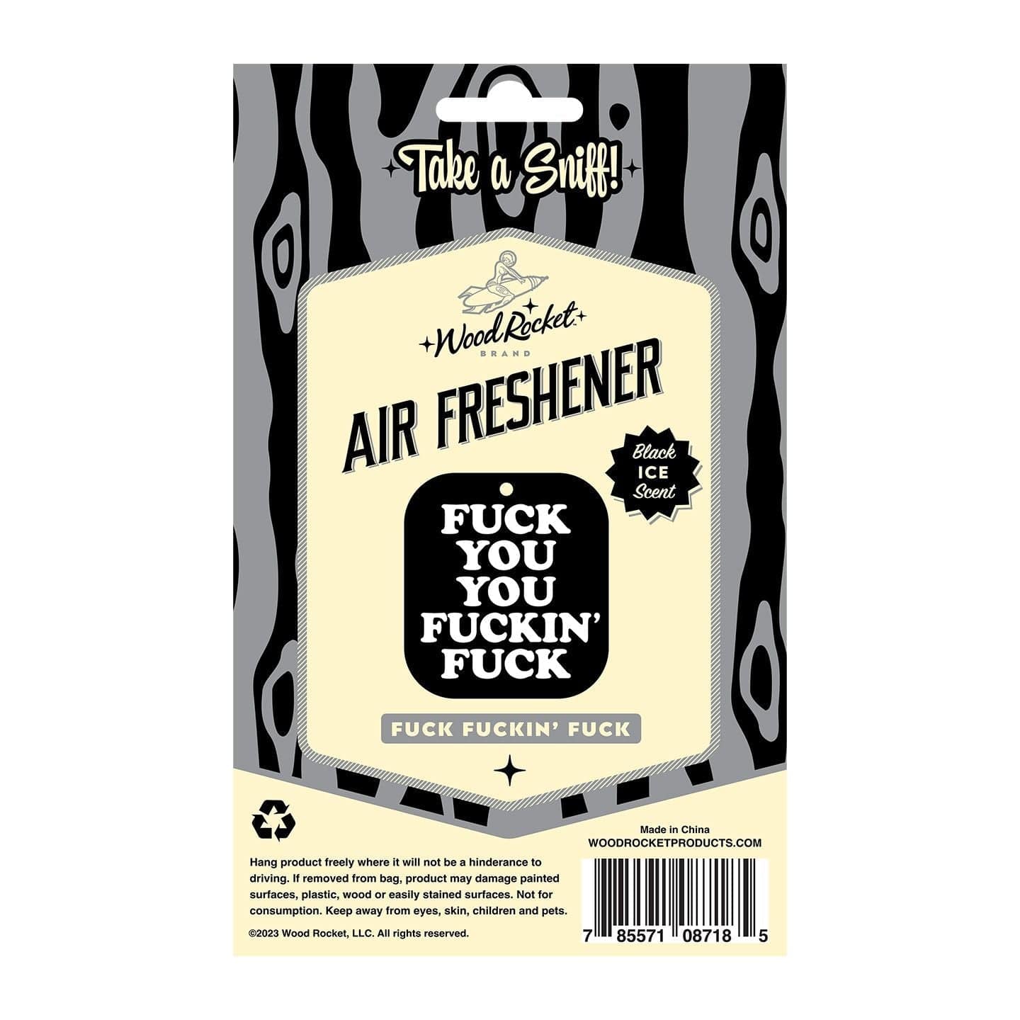 Wood Rocket Humorous Black Ice Air Freshener with Bold Design