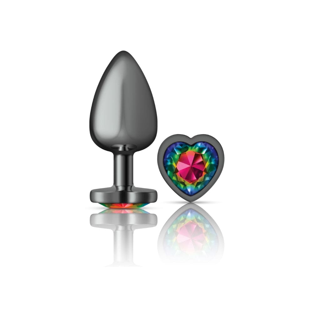 Cheeky Charms Glamorous Gunmetal Gray Rainbow Heart Gem - Decorated Metal Butt Plug for Anal Play