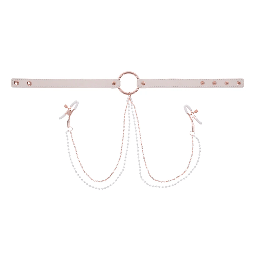 Sportsheets Sex & Mischief Peaches ‘n Cream-themed Luxury Bondage Collar Set with Nipple Clamps for Adult Intimate Play