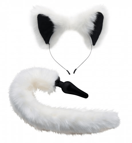 Tailz Premium White Fox Tail Anal Plug and Matching Faux Fur Ears Set for Adult Role - Play