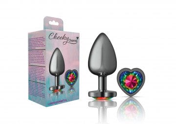 Cheeky Charms Glamorous Gunmetal Gray Rainbow Heart Gem - Decorated Metal Butt Plug for Anal Play