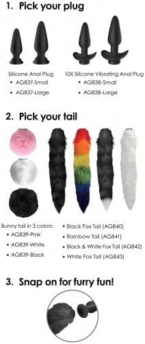Tailz Snap-On Vibrating Silicone Anal Plug Set with 3 Different Animal Tails and Remote Control for Adult Play