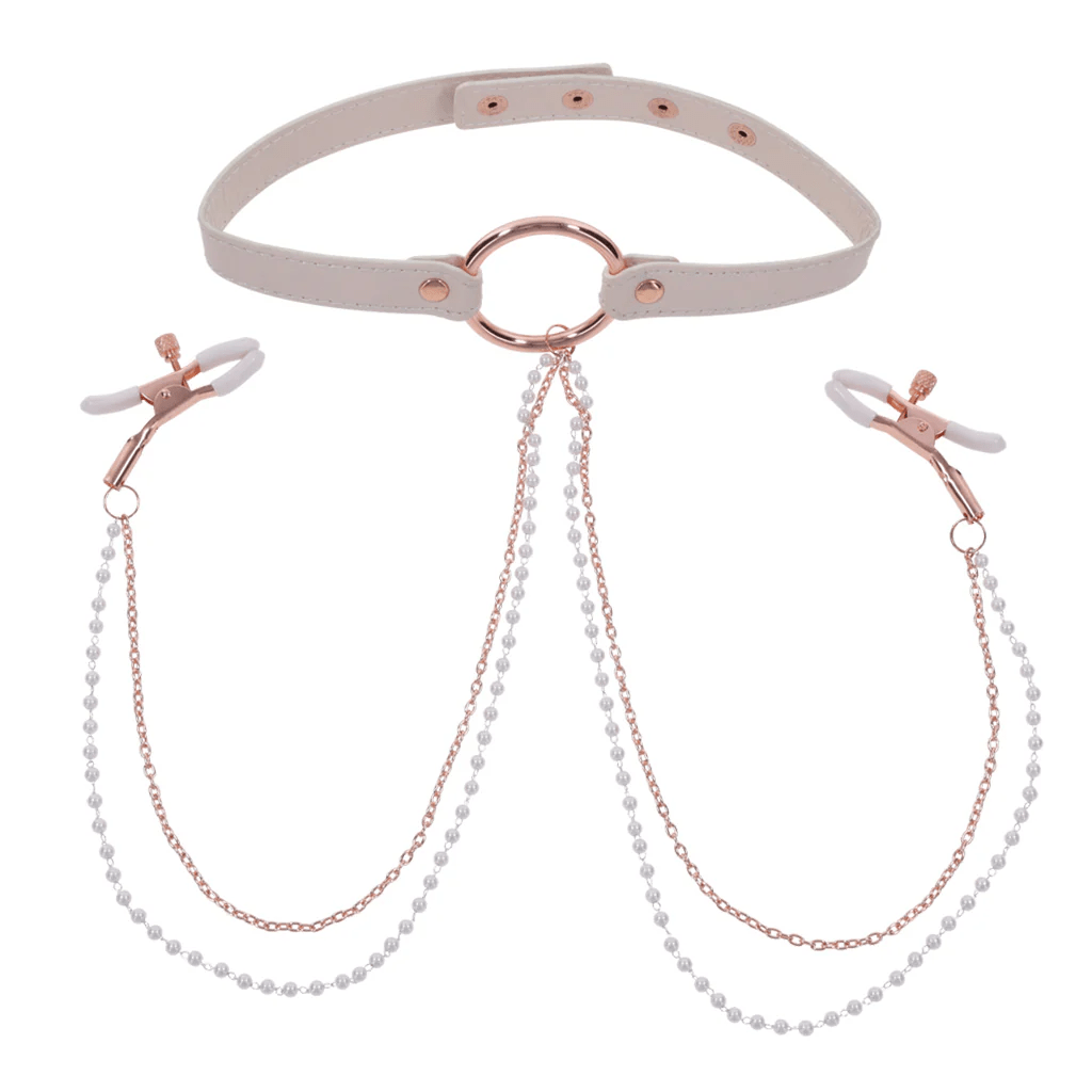 Sportsheets Sex & Mischief Peaches ‘n Cream-themed Luxury Bondage Collar Set with Nipple Clamps for Adult Intimate Play