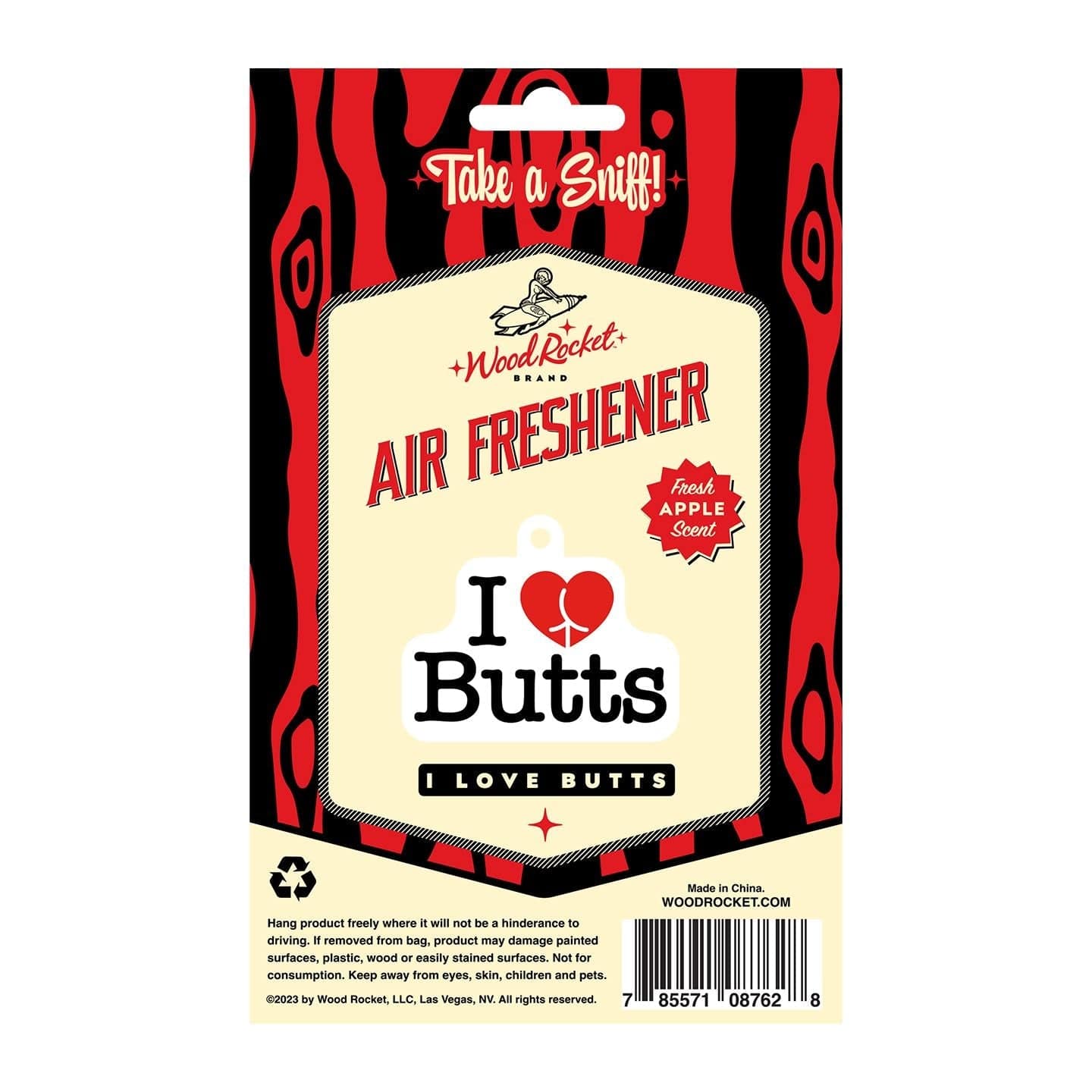 Wood Rocket Brand Novelty Air Freshener with I Love Butts Design and Fresh Apple Scent