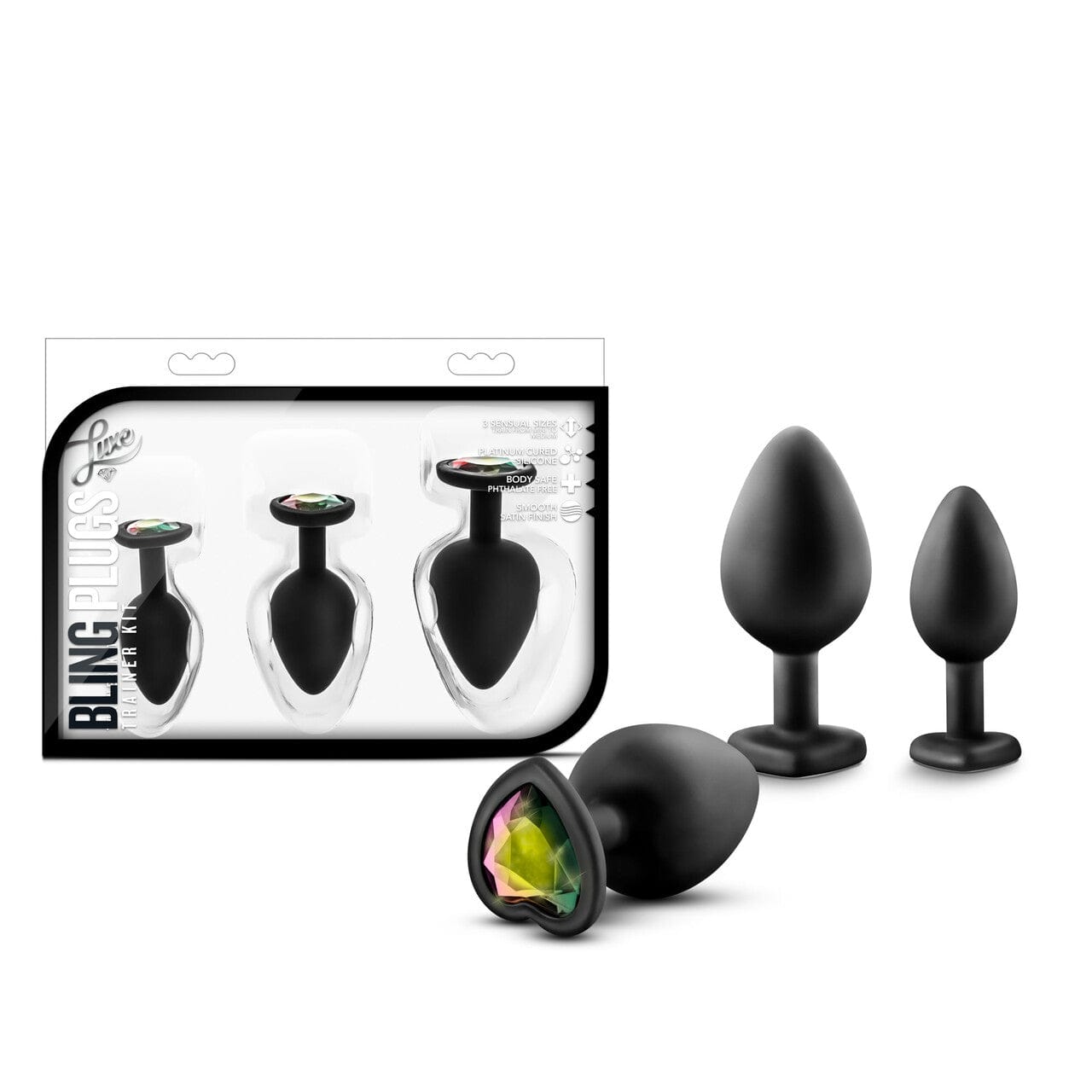 Gorgeous Blush Luxe Black Anal Training Kit with Sparkling Rainbow Gemstone Bling Plugs