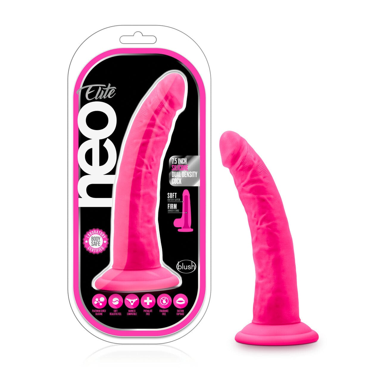 Blush Neo Elite Neon Pink 7.5 - Inch Silicone Dual - Density Realistic Adult Dildo for Solo or Harness Play