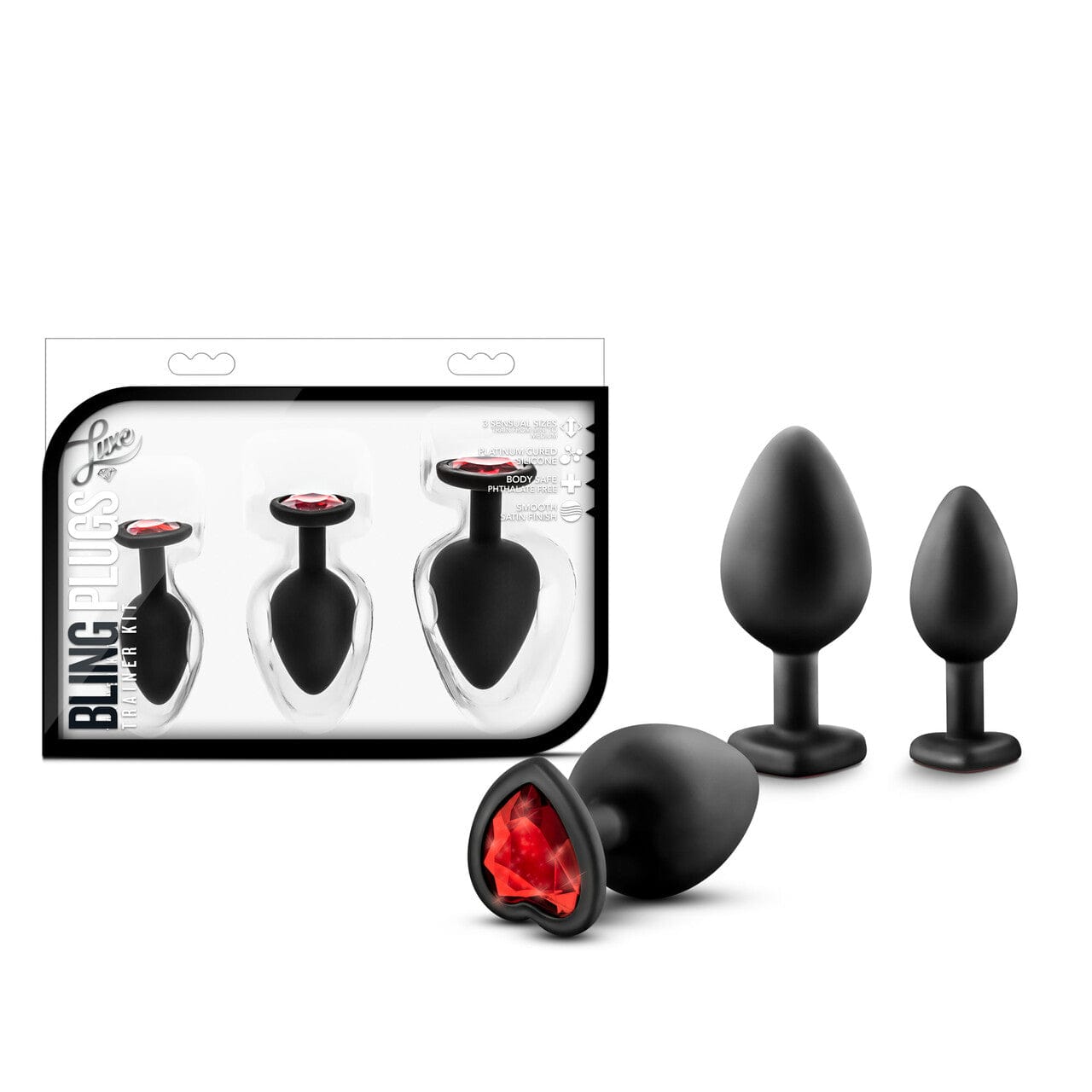 Luxurious Blush Black Anal Training Kit with Stunning Red Gemstone Bling Plugs