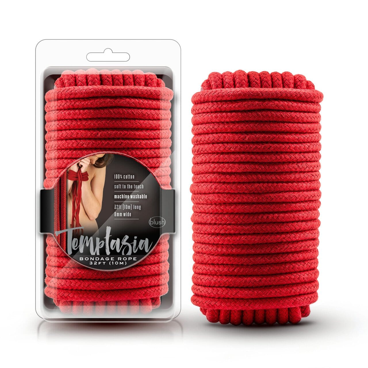 32-Foot Long Blush Temptasia Red Cotton Bondage Rope for Sensual Play