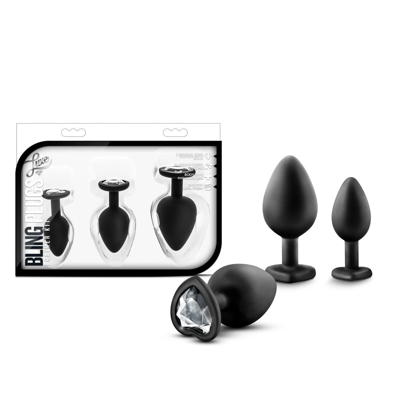 Luxurious Blush Black Anal Training Kit with Sparkling White Gemstone Bling Plugs for Beginners and Experts