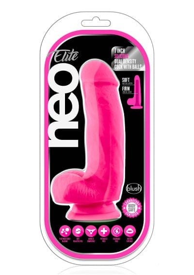 Blush Neo Elite Neon Pink 7 - Inch Silicone Dual - Density Male - Like Dildo with Testicles for Enhanced Pleasure